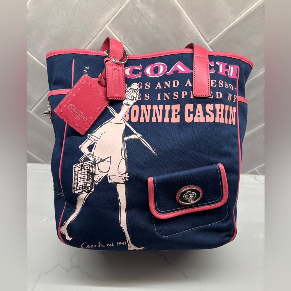 Coach Bonnie Cashin Commemorative Navy and Pink Graphic Tote Bag 13530